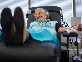 Beatrice Janyk, 95, donates blood at Canada Blood Services in Vancouver, B.C., on Wednesday April 18, 2018. According to the organization, Janyk, who began donating blood after her late husband was involved in a sawmill accident in 1947, is Canada's oldest blood donor.