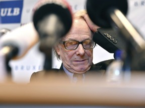 British director Ken Loach participates in a media conference prior to receiving an honorary degree from the Brussels ULB university in Brussels on Thursday, April 26, 2018. The university has come under criticism alleging it was too tolerant by awarding Loach an honorary doctorate, since the director has been accused in the past of anti-Semitism.