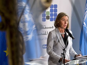 European Union foreign policy chief Federica Mogherini speaks to the media after a conference on 'Supporting the future of Syria and the region at the Egmont Palace in Brussels on Tuesday, April 24, 2018.