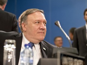 U.S. Secretary of State Mike Pompeo waits for the start of a meeting of NATO foreign ministers at NATO headquarters in Brussels on Friday, April 27, 2018. NATO is set on Friday to hold its last major meeting in its old headquarters, with talks focused on strained ties with Russia, a fresh peace effort in Afghanistan and a new training mission for Iraq.