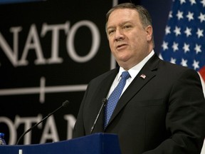 U.S. Secretary of State Mike Pompeo speaks during a media conference at the conclusion of a meeting of NATO foreign ministers at NATO headquarters in Brussels on Friday, April 27, 2018. Talks on Friday focused on strained ties with Russia, a fresh peace effort in Afghanistan and a new training mission for Iraq.