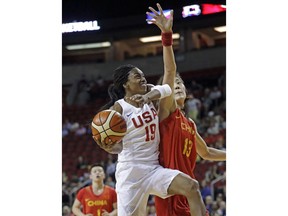 United States' Tiffany Hayes (19) drives as China's Mengran Sun defends during the first half of an exhibition basketball game Thursday, April 26, 2018, in Seattle.