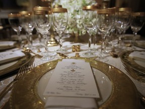The State Dining Room at the White House is set for the first State Dinner that President Donald Trump will host as president with French President Emmanuel Macron in Washington, Monday, April 23, 2018. The State Dinner will be held on April 24.