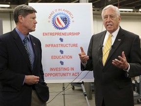 Rep. Ron Kind, D-Wis., left, and House Democratic Whip Steny Hoyer speaks to the media after touring Culimeta-Saveguard in Eau Claire, Wis., on Thursday April 5, 2018. Hoyer headed to Trump country this week in a last-chance campaign for the top spot.  Hoyer, a Maryland centrist, has spent most of his career in the shadow of liberal leader Nancy Pelosi. As Democrats consider who will replace Pelosi, Hoyer's allies say he could be a bridge to the next generation. Others find the notion that little known, 78-year-old politician could emerge as the face of his party far-fetched.