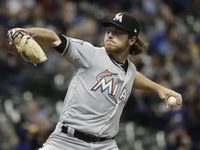 Miami Marlins starting pitcher Dillon Peters throws during the first inning of a baseball game against the Milwaukee Brewers Thursday, April 19, 2018, in Milwaukee.