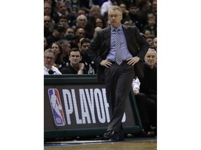 Milwaukee Bucks head coach Joe Prunty reacts during the first half of Game 4 of an NBA basketball first-round playoff series against the Boston Celtics Sunday, April 22, 2018, in Milwaukee.