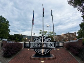 FILE - In this July 19, 2010, file photo, a sign is seen outside the Harley-Davidson headquarters in Milwaukee. Harley-Davidson is offering free motorcycles for those who join its 2018 summer internship program. The Milwaukee-based motorcycle maker says it will teach the interns how to ride, compensate them for their work and travels, and let them keep their motorcycles.