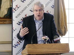 This photo take May 2, 2016, shows John McAdams speaking during a news conference in Milwaukee.