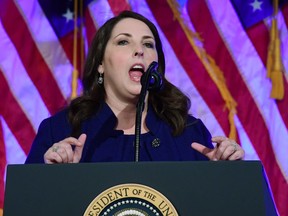 In this Dec. 2, 2017, photo, Republican National Committee chairwoman Ronna Romney McDaniel, speaks at a fundraiser at Cipriani in New York. The Republican National Committee is committing $250 million to aid party candidates in the November elections, hoping the big spending can help diminish the prospect of a Democratic wave and preserve the GOP majority in Congress.