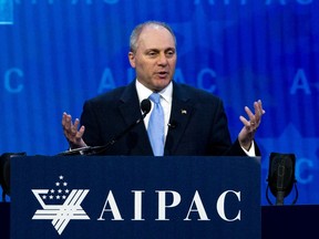 FILE - In this March 6, 2018, file photo, House Republican Whip Steve Scalise speaks at the 2018 American Israel Public Affairs Committee (AIPAC) policy conference in Washington. Scalise is undergoing on April 16, a planned follow-up surgery 10 months after he was badly wounded by a gunman who fired at a Republican baseball practice.