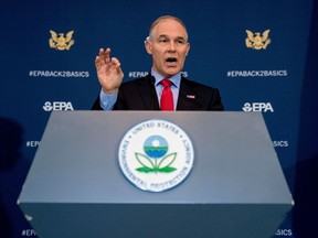FILE - In this April 3, 2018, file photo, Environmental Protection Agency Administrator Scott Pruitt speaks at a news conference at the EPA in Washington. New internal documents say a sweep for hidden listening devices in Pruitt's office was shoddy and wasn't properly certified under U.S. government practices