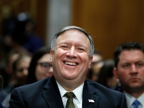 In this April 12, 2018, photo CIA Director Mike Pompeo testifies on his nomination to be the next secretary of state on Capitol Hill in Washington. Two U.S. officials say Pompeo recently traveled to North Korea to meet with leader Kim Jong Un. Pompeo's trip to the isolated communist nation came in advance of a potential summit between Kim and President Donald Trump. The officials spoke anonymously about Pompeo's trip because they were not authorized to discuss it publicly.