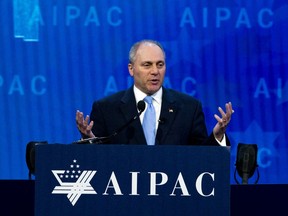 FILE - In this March 6, 2018, file photo, House Republican Whip Steve Scalise speaks at the 2018 American Israel Public Affairs Committee (AIPAC) policy conference in Washington. Some say it could be a fight between West and South. Or a battle for President Donald Trump's affections. Or a test of who can woo conservatives. But one thing is clear: If the showdown between California Rep. Kevin McCarthy and Scalise for the position of House speaker is a popularity contest, it will be tight.