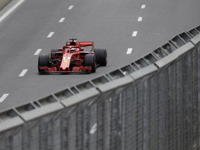 Germany driver Sebastian Vettel steers his Ferrari during the Azerbaijan Formula One Grand Prix, at the city circuit, in Baku, Azerbaijan, Sunday, April 29, 2018.
