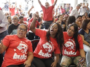 Supporters of Brazilian former President Luiz Inacio Lula da Silva shout slogans as they wait for his appearance at the metal workers union headquarters, in Sao Bernardo do Campo, Sao Paulo, Brazil, Wednesday, April 4, 2018. Brazil's top court could rule whether the former President can stay out of prison while appealing a corruption conviction, a decision that could radically alter October's presidential election in Latin America's largest nation.