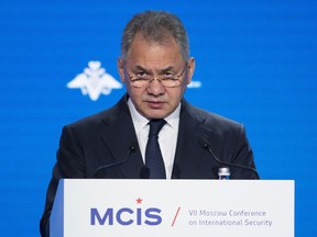 Russian Defense Minister Sergei Shoigu speaks during the Conference on International Security in Moscow, Russia, Wednesday, April 4, 2018.