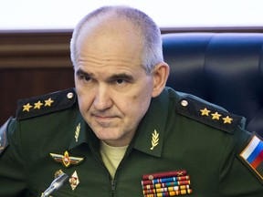 Col. Gen. Sergei Rudskoi of the military's General Staff speaks during a briefing in the Russian Defense Ministry in Moscow, Russia, Wednesday, April 25, 2018. Rudskoi said in a statement on Wednesday that Russia will supply Syria with "the new missile defense systems soon."