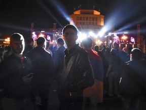 Protesters gathered at Republic Square in Yerevan, Armenia, Wednesday, April 25, 2018. Some tens of thousands of opposition supporters surged into the central square of the Armenian capital again on Wednesday, calling for the leader of their protests to become prime minister as the country labored through a dramatic political crisis.