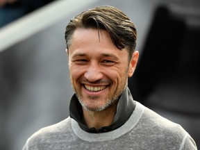 FILE - In this April 14, 2018 file photo Frankfurt's head coach Niko Kovac smiles prior to the German Bundesliga soccer match between Bayer Leverkusen and Eintracht Frankfurt in Leverkusen, Germany. Bayern Munich will get a good look at its next coach when Eintracht Frankfurt visits for a rehearsal of the German Cup final on Saturday April 28, 2018. Kovac's switch has soured relations between the clubs – even if both now insist that bygones are bygones.