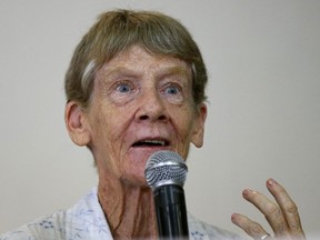 Australian Roman Catholic nun Sr. Patricia Fox, answers questions at a news conference, a day after the Bureau of Immigration forfeited her missionary visa and given 30 days to leave the country Thursday, April 26, 2018 in suburban Quezon city northeast of Manila, Philippines.  The Australian nun whose missionary visa in the Philippines was revoked after the president complained about her joining opposition rallies said Thursday that social advocacy and human rights are part of church teachings.