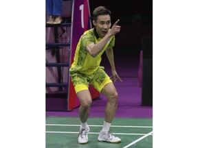 Malaysia's Lee Chong Wei celebrates after defeating India's Srikanth Kidambi during their men's singles badminton final match at Carrara Sports Hall during the Commonwealth Games on the Gold Coast, Australia, Sunday, April 15, 2018.