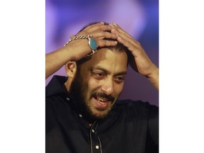 FILE- In this Wednesday, Nov. 11, 2015 file photo, Bollywood actor Salman Khan attends a promotional event for his upcoming movie 'Prem Ratan Dhan Payo' in Mumbai, India. A court on Saturday, April 7, 2018, granted bail to Khan, who spent the past two days in prison after he was convicted of poaching rare deer in a wildlife preserve two decades ago.