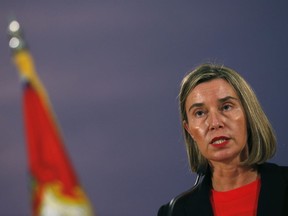 European Union High Representative for Foreign Affairs and Security Policy Federica Mogherini speaks during a news conference with Serbian President Aleksandar Vucic in Belgrade, Serbia, Thursday, April 19, 2018. Mogherini is on a one day trip to meet with Serbian officials.