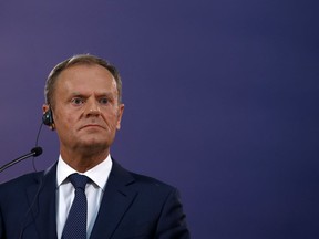 European Council President Donald Tusk listens to a question during a press conference after a meeting with Serbian President Aleksandar Vucic in Belgrade, Serbia, Wednesday, April 25, 2018. Tusk is on a one day trip to meet with Serbian officials.