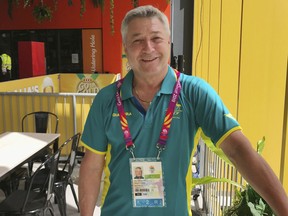 Australia's women's gymnastics coach Mihai Brestyan poses for a photo Monday, April 2, 2018, in the athletes village at the Commonwealth Games at the Gold Coast, Australia. Brestyan is excited by the challenge ahead of him in transforming Australia into a gymnastics super power. Brestyan has previously worked with U.S. gymnast and Olympic medalist Aly Raisman. (AP Photo)