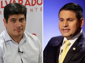 This combination of two photos shows Citizen Action Party presidential candidate Carlos Alvarado, left, on March 29, 2018, and National Restoration Party presidential candidate Fabricio Alvarado on Feb. 1, 2018, in San Jose, Costa Rica.  A recent poll indicated a statistical tie in the second-round runoff April 1 vote between the two candidates.