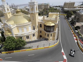 Finland driver Valtteri Bottas steers his Mercedes during the first free practice session at the Baku Formula One city circuit, in Baku, Azerbaijan, Friday, April 27, 2018. The Formula one race will be held on Sunday.