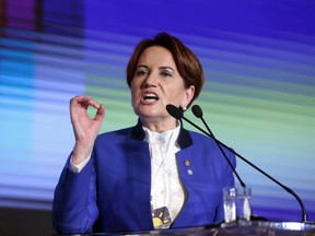 In this Wednesday, Oct. 25, 2017 file photo, Meral Aksener, a former Turkish interior minister and deputy parliament speaker, addresses her party's first meeting in Ankara, Turkey. Turkey's weak opposition is scrambling to try and mount a strong challenge against strongman Turkey's President Recep Tayyip Erdogan, with just nine weeks to prepare for snap elections, scheduled for June 24, 2018.