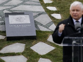 Jaroslaw Kaczynski, the leader of Poland's ruling party, Law and Justice, speaks during the inauguration of a memorial for the Smolensk plane crash, in Budapest, Hungary, Friday, April 6, 2018. The crash, in 2010, of a Polish government plane killed 96 people on board including Polands president Lech Kaczynski.