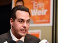 NDP candidate Erin Weir speaks after his election win in the Regina-Lewvan riding in Regina on October 19, 2015.