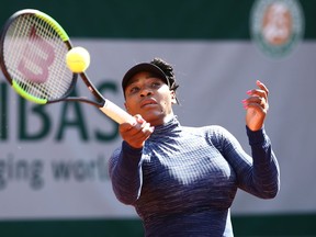Serena Williams hits a forehand during a practice session ahead of the French Open at Roland Garros on May 26.