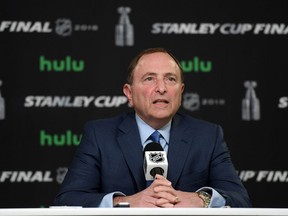 NHL commissioner Gary Bettman speaks to the media prior to Game 1 of Stanley Cup final in Las Vegas on May 28.