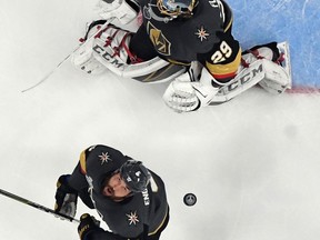 Vegas Golden Knights defenceman Deryk Engelland tracks an airborne puck in Game 1 against the Washington Capitals on May 29.