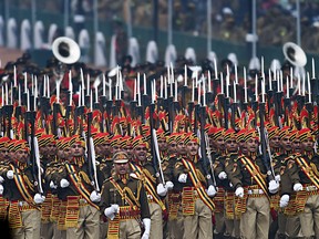 Indian members of the Delhi Police marching contingent march during the country's Republic Day parade in New Delhi on January 26, 2015.