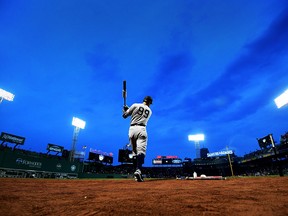 BOSTON, MA - APRIL 12:  Aaron Judge #99 of the New York Yankees warms up in the on deck circle before a game against the Boston Red Sox at Fenway Park on April 12, 2018 in Boston, Massachusetts.  (Photo by /Getty Images)