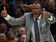 Head coach Dwane Casey of the Toronto Raptors reacts while playing the Cleveland Cavaliers in Game Three of the Eastern Conference Semifinals during the 2018 NBA Playoffs at Quicken Loans Arena on May 5, 2018 in Cleveland, Ohio.