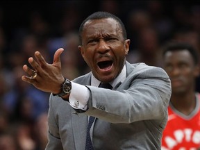 Head coach Dwane Casey of the Toronto Raptors reacts while playing the Cleveland Cavaliers in Game 3 of the Eastern Conference semifinal.