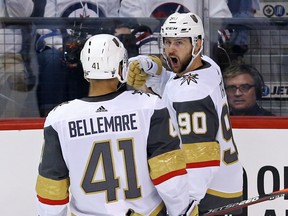Tomas Tatar, right, reacts after scoring against Winnipeg in Game 2 of the Western Conference final on May 14, 2018. Tatar hasn't played since Game 3 of that series.