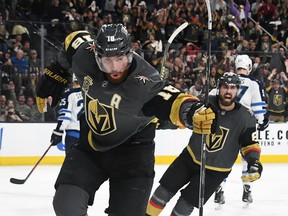 James Neal of the Golden Knights celebrates his second period goal against the Winnipeg Jets in Game 3 of the Western Conference Final on Wednesday night at T-Mobile Arena in Las Vegas.