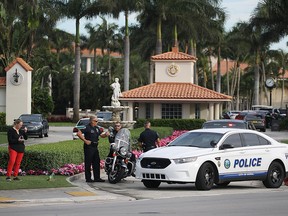 Police block off the entrance to the Trump National Doral Miami resort on May 18, 2018 in Doral, Florida.