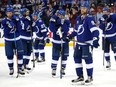 Steven Stamkos, right, of the Tampa Bay Lightning looks on with his teammates after being shut out 4-0 by the Washington Capitals in Game 7 of the Eastern Conference final on Wednesday night at Amalie Arena in Tampa, Fla.