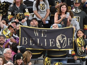 Vegas Golden Knights fans hold up a banner reading "WE BELIEVE" before Game One of the 2018 NHL Stanley Cup Final between the Washington Capitals and the Golden Knights at T-Mobile Arena on May 28, 2018 in Las Vegas, Nevada.