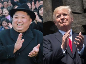 This combination of pictures created on March 9, 2018 comprising of an undated picture released from North Korea's official Korean Central News Agency (KCNA) on January 17, 2018 showing North Korean leader Kim Jong-Un visiting the newly-renovated Pyongyang Teachers' University in Pyongyang and US President Donald Trump applauding as he stands in front of the Warsaw Uprising Monument on Krasinski Square during the Three Seas Initiative Summit in Warsaw, Poland, July 6, 2017.