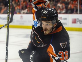 In this May 4 file photo, Lehigh Valley Phantoms left winger Alex Krushelnyski chases the puck against the Charlotte Checkers in Game 1 of their AHL playoff series.