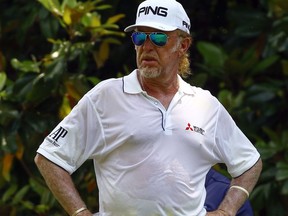 Miguel Angel Jimenez waits to tee off on the second hole during the final round of the Regions Tradition PGA Champions Tour golf tournament, Sunday, May 20, 2018, in Birmingham, Ala.