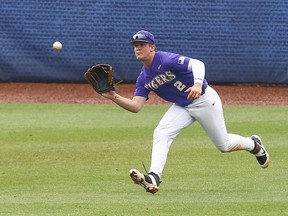 LSU outfielder Daniel Cabrera (2) catches a fly for the out on South Carolina's Noah Campbell (2) during the third inning of a Southeastern Conference Tournament NCAA college baseball game, Thursday, May 24, 2018, in Hoover, Ala.